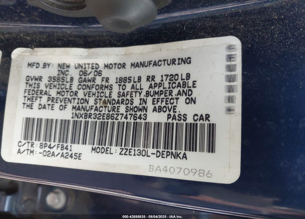 2006 TOYOTA COROLLA LE VIN: 1NXBR32E86Z747643