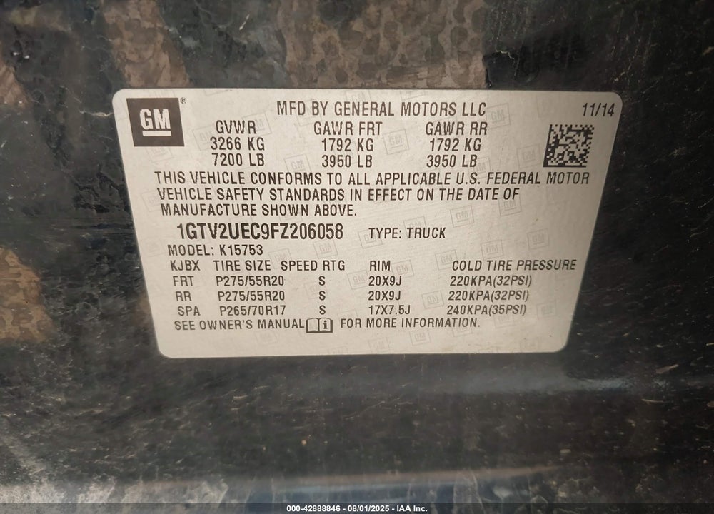 2015 GMC SIERRA 1500 VIN: 1GTV2UEC9FZ206058