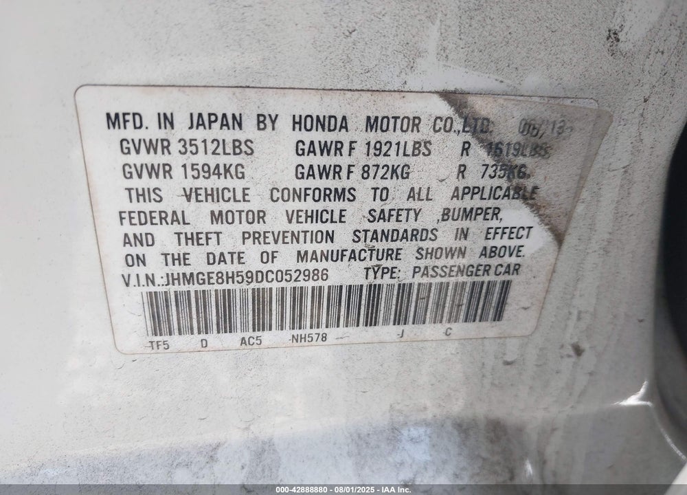 2013 HONDA FIT VIN: JHMGE8H59DC052986