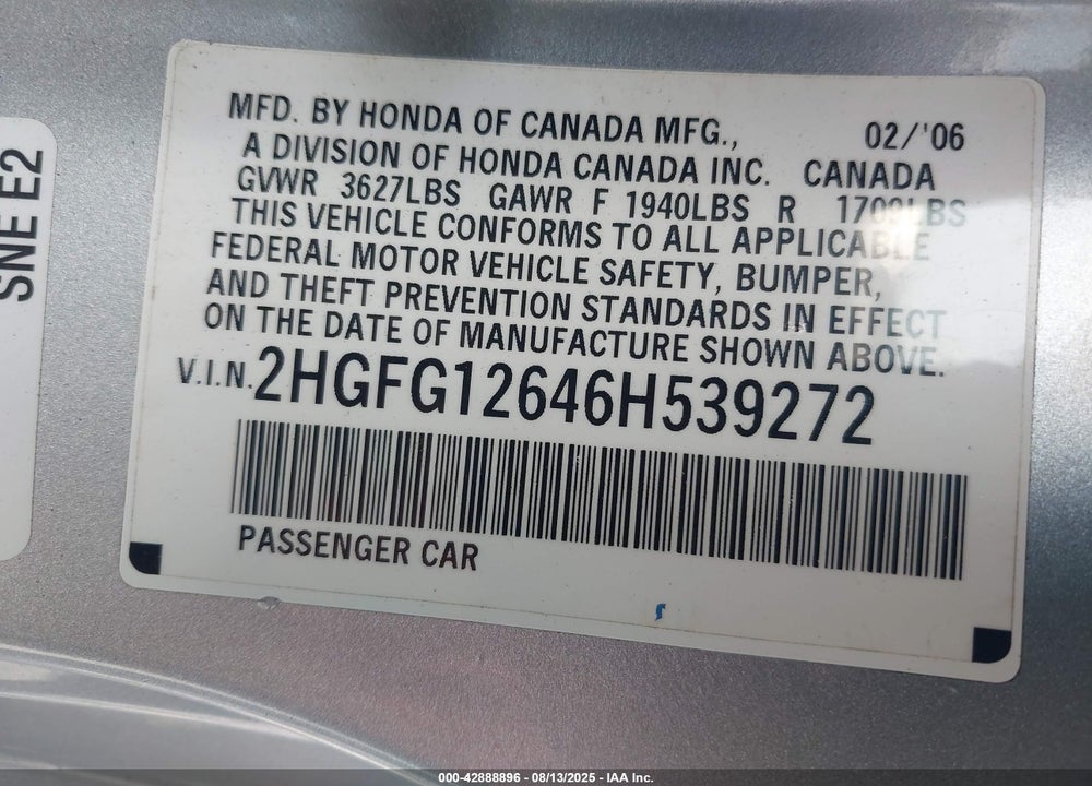 2006 HONDA CIVIC VIN: 2HGFG12646H539272