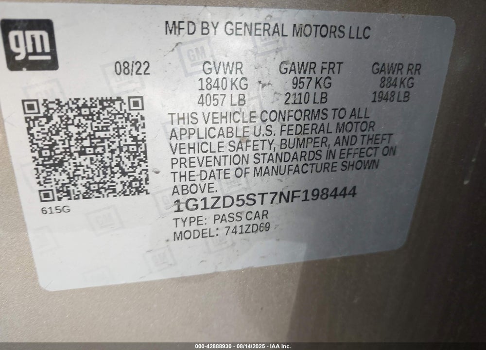 2022 CHEVROLET MALIBU VIN: 1G1ZD5ST7NF198444