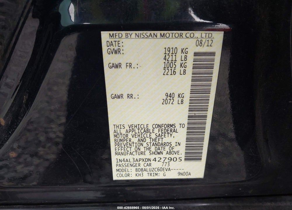 2013 NISSAN ALTIMA VIN: 1N4AL3APXDN427905