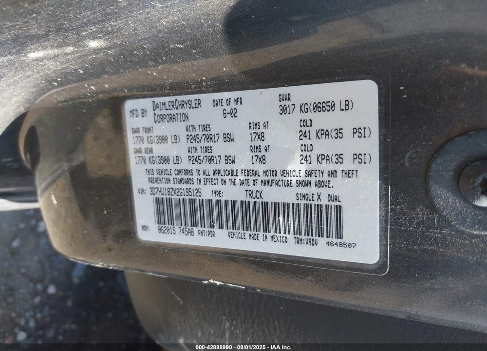 2002 DODGE RAM 1500 ST VIN: 3D7HU18ZX2G195125