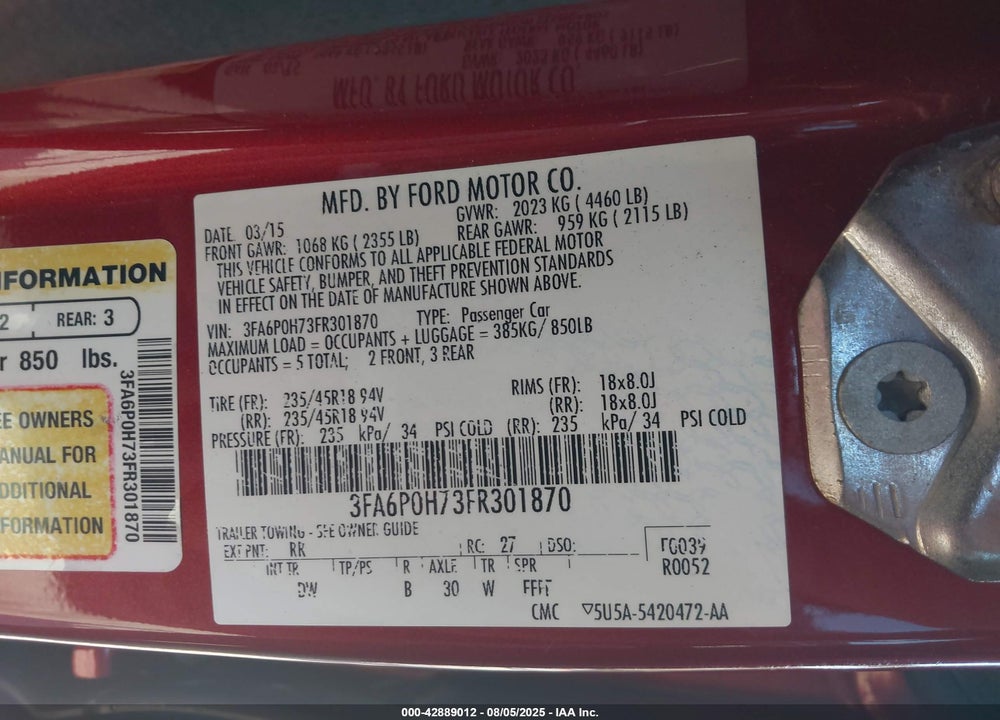 2015 FORD FUSION VIN: 3FA6P0H73FR301870