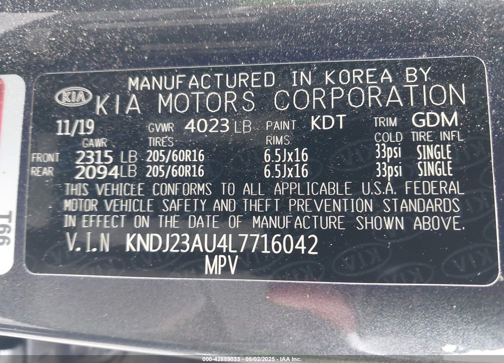 2020 KIA SOUL LX VIN: KNDJ23AU4L7716042