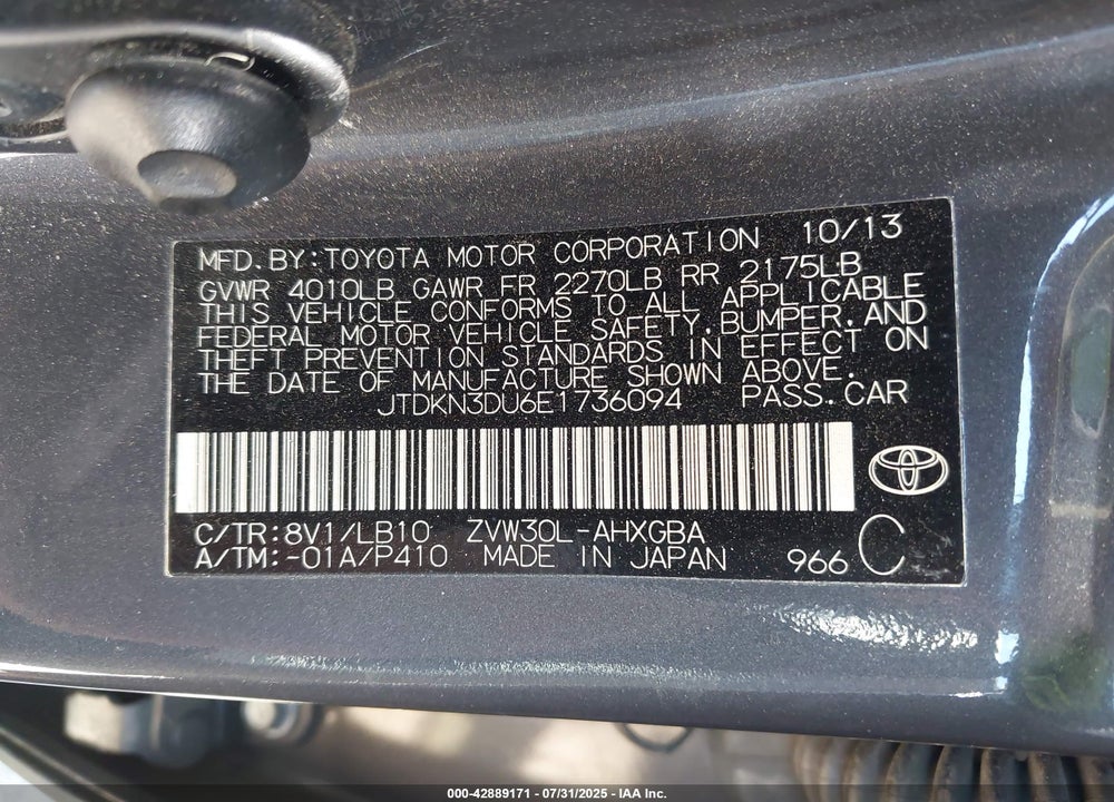 2014 TOYOTA PRIUS VIN: JTDKN3DU6E1736094