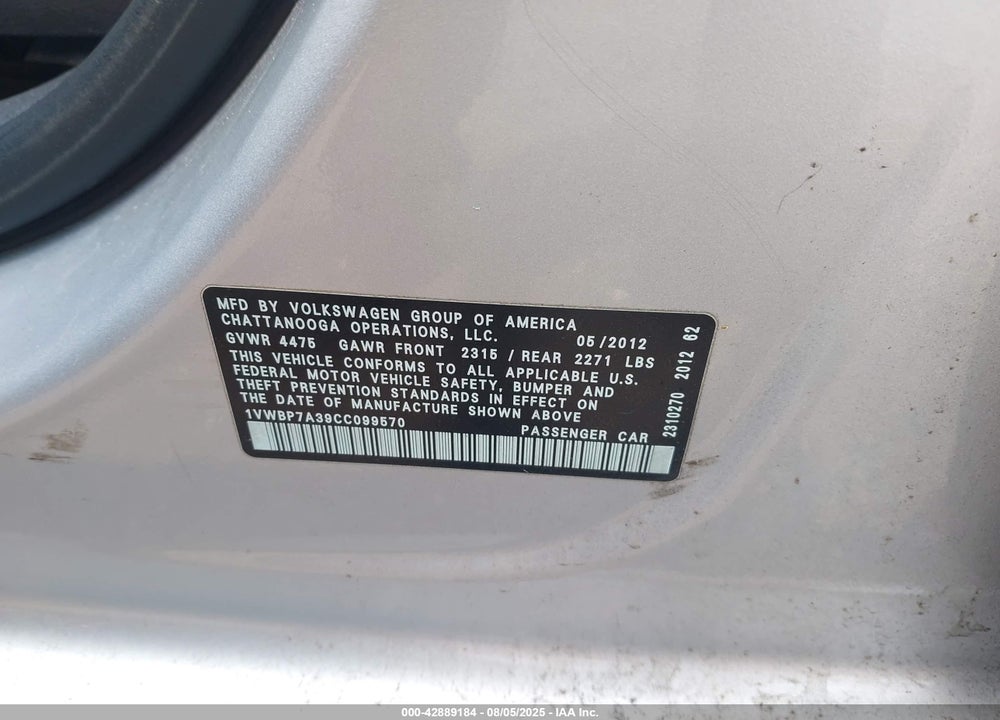 2012 VOLKSWAGEN PASSAT VIN: 1VWBP7A39CC099570