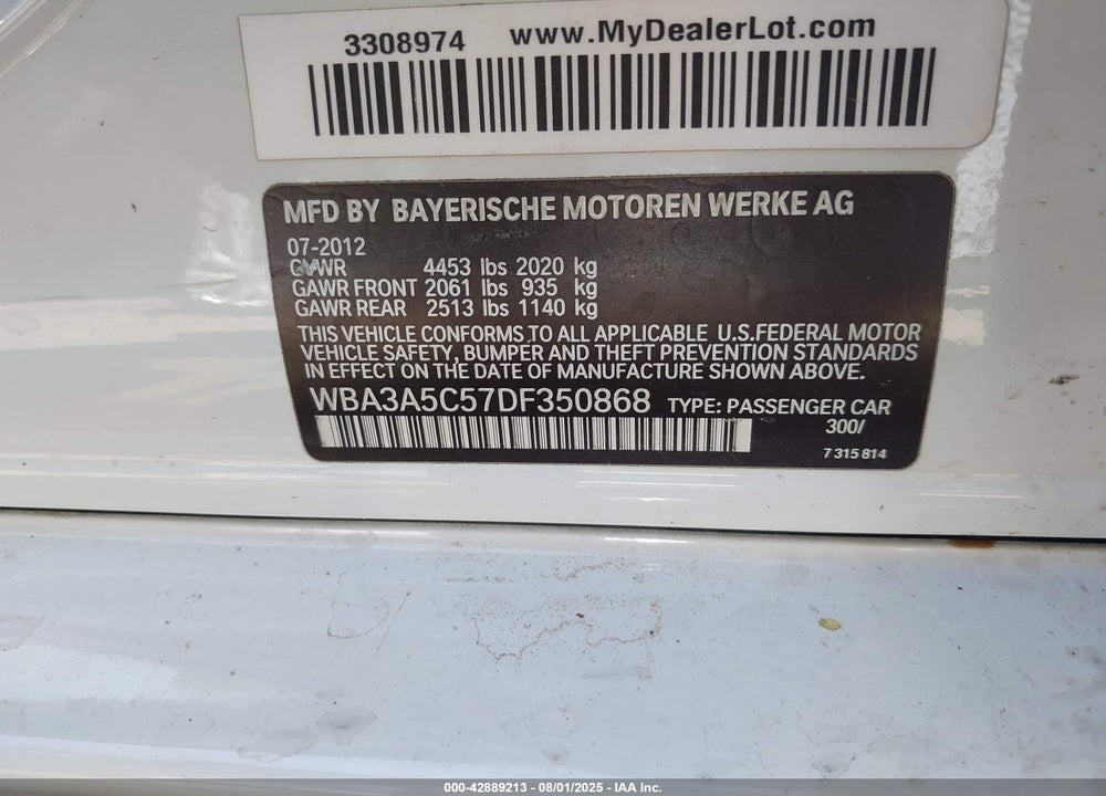 2013 BMW 328I VIN: WBA3A5C57DF350868