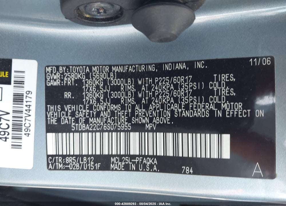 2006 TOYOTA SIENNA XLE VIN: 5TDBA22C76S075955