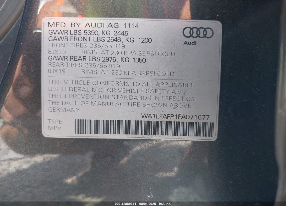 2015 AUDI Q5 VIN: WA1LFAFP1FA071677