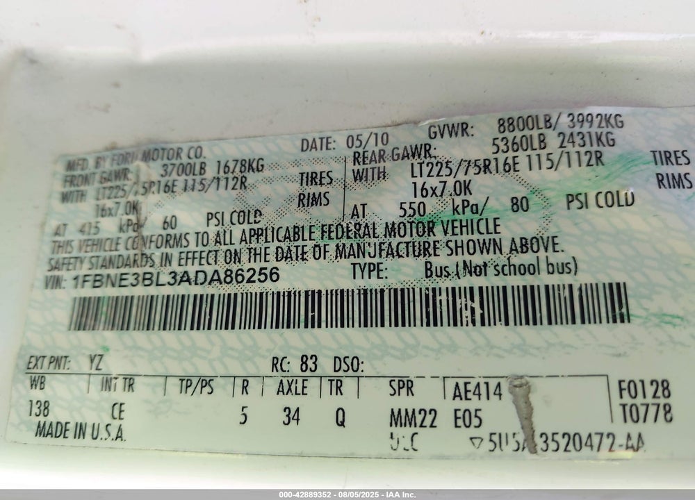 2010 FORD E 350 VIN: 1FBNE3BL3ADA86256