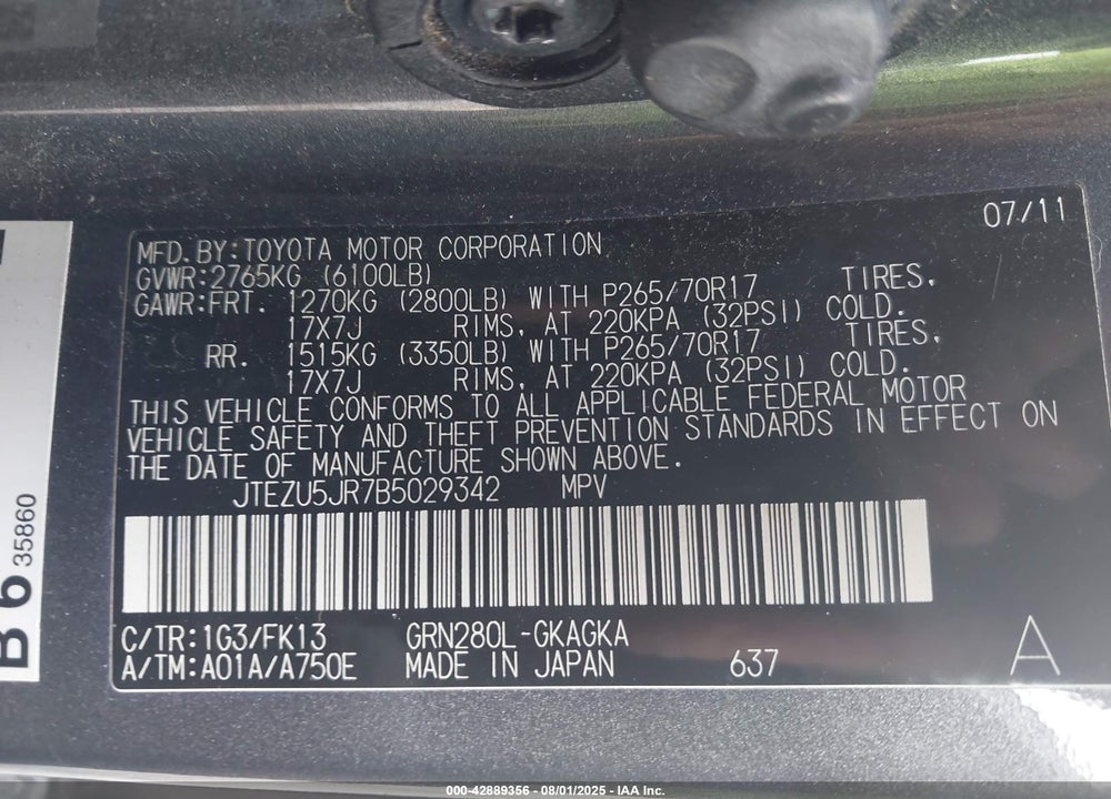 2011 TOYOTA 4RUNNER VIN: JTEZU5JR7B5029342