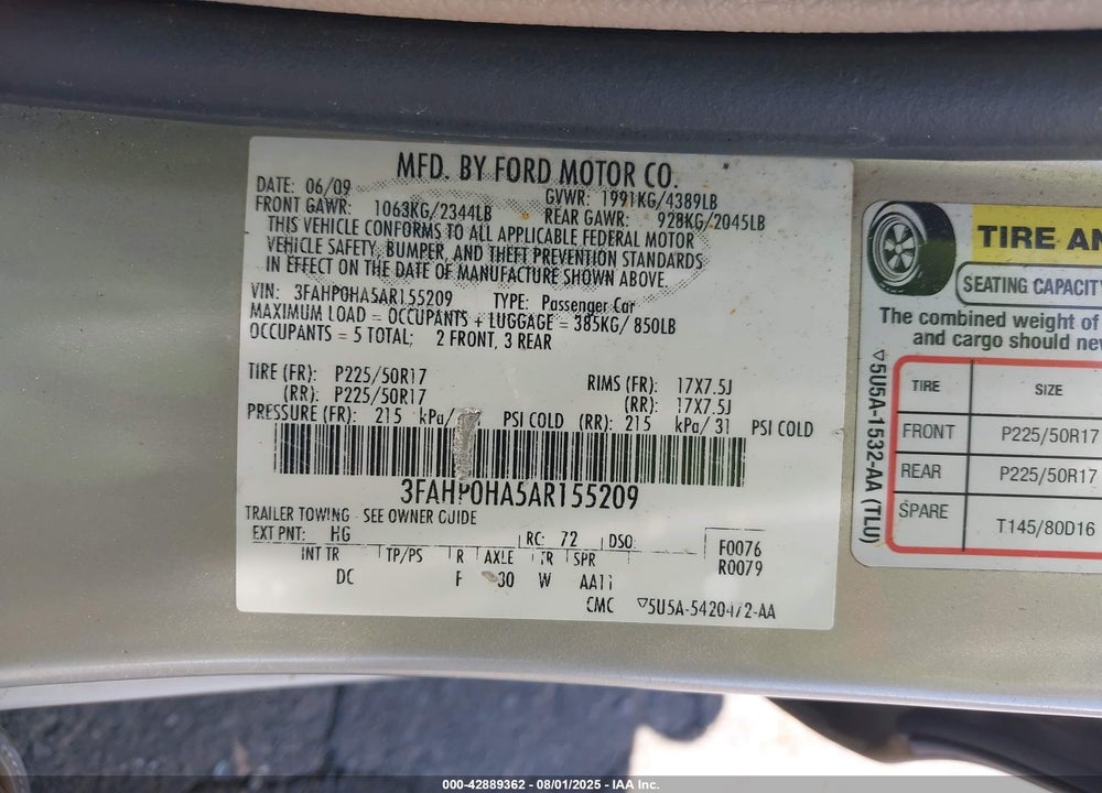 2010 FORD FUSION VIN: 3FAHP0HA5AR155209
