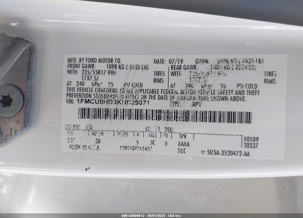 2019 FORD ESCAPE SEL VIN: 1FMCU0HD3KUC29871