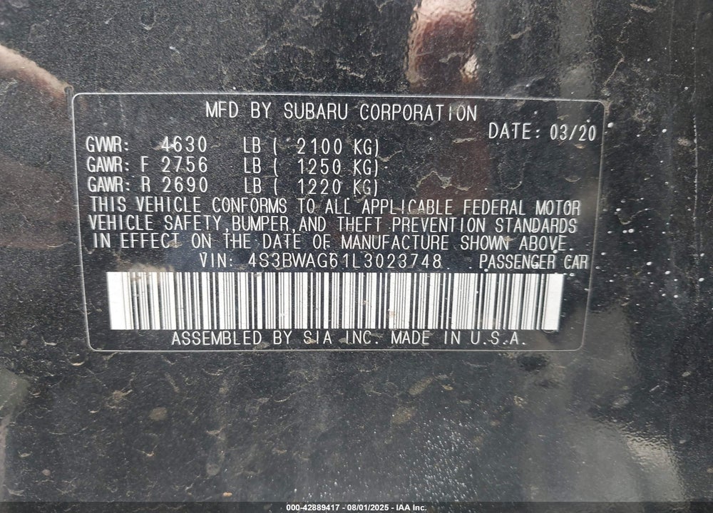 2020 SUBARU LEGACY SPORT VIN: 4S3BWAG61L3023748