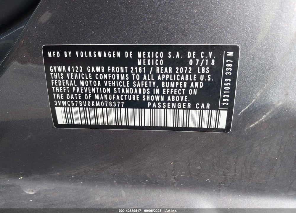 2019 VOLKSWAGEN JETTA VIN: 3VWC57BU0KM078377