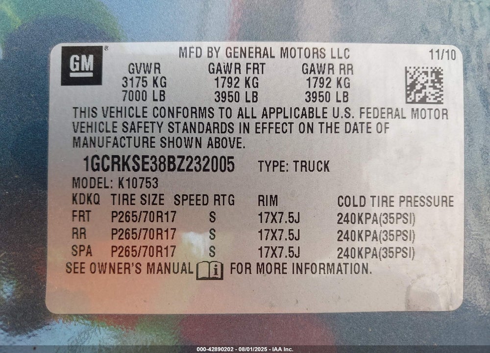 2011 CHEVROLET SILVERADO 1500 VIN: 1GCRKSE38BZ232005