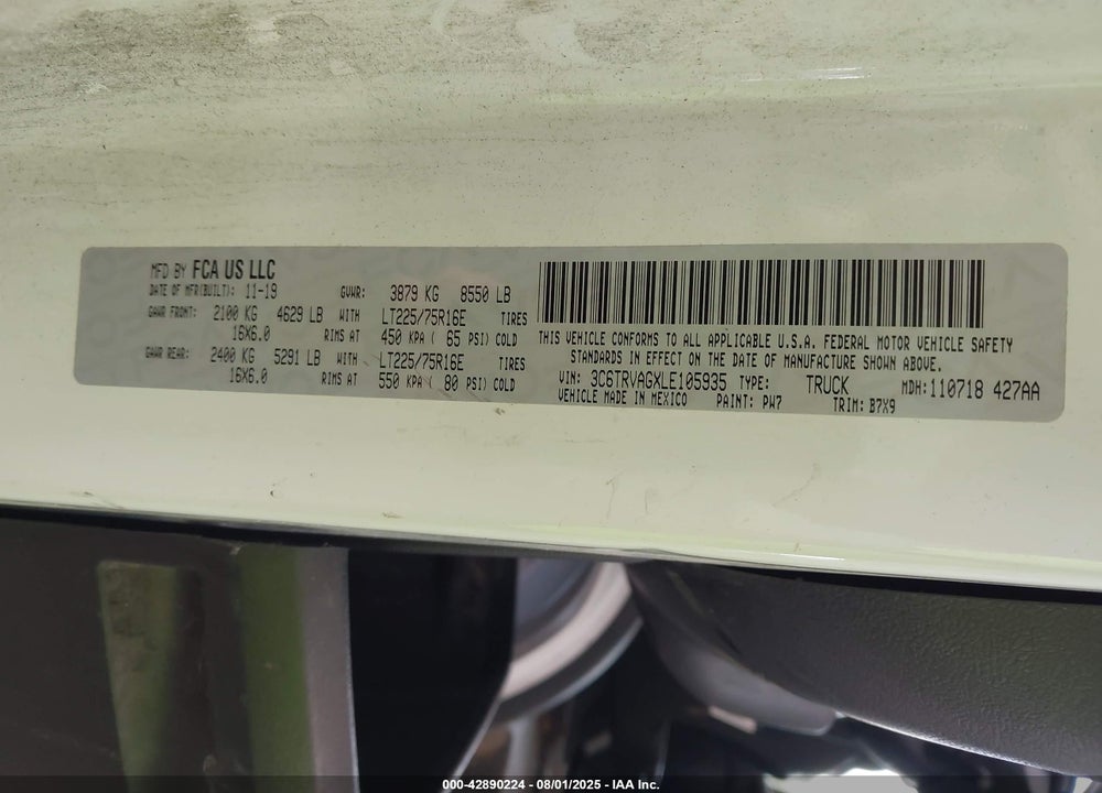 2020 RAM PROMASTER 1500 LOW ROOF 136 WB VIN: 3C6TRVAGXLE105935