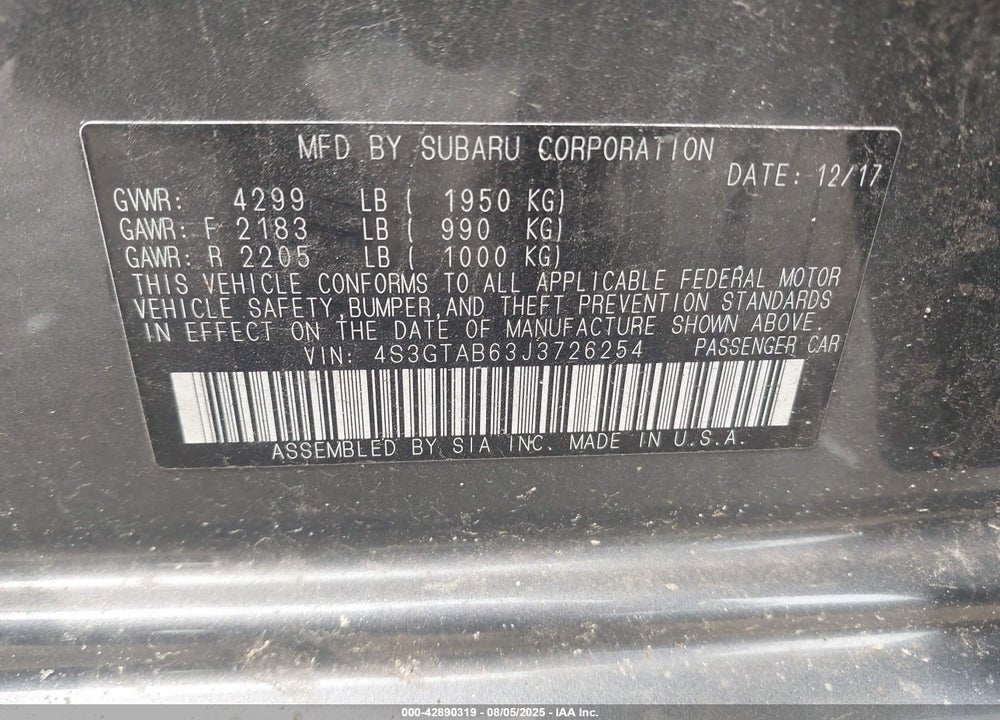 2018 SUBARU IMPREZA VIN: 4S3GTAB63J3726254