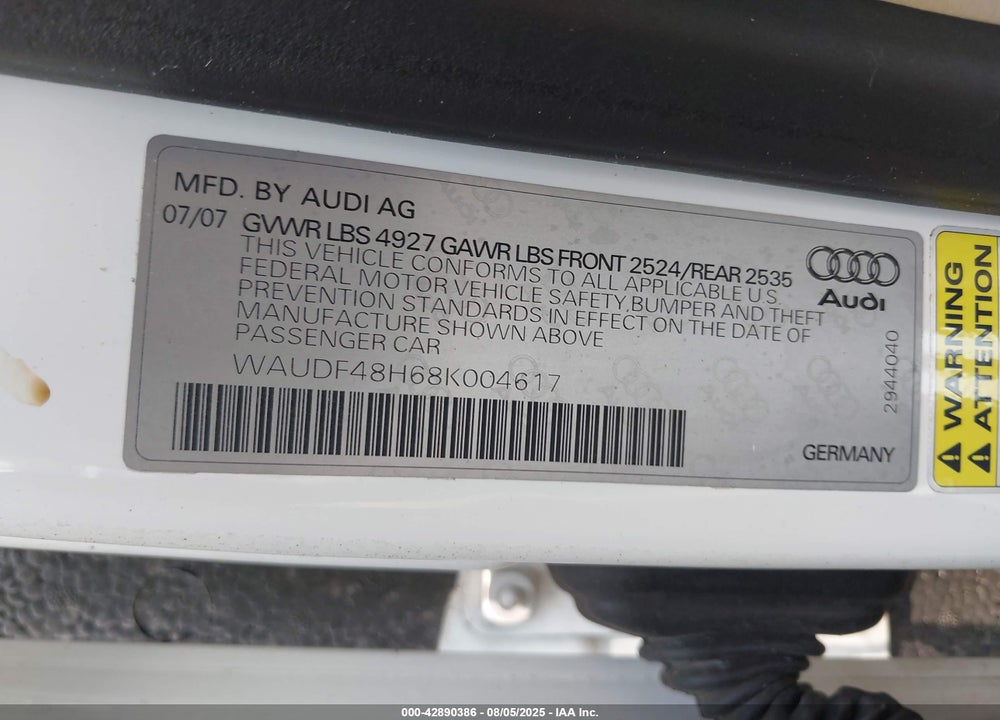 2008 AUDI A4 2.0T VIN: WAUDF48H68K004617