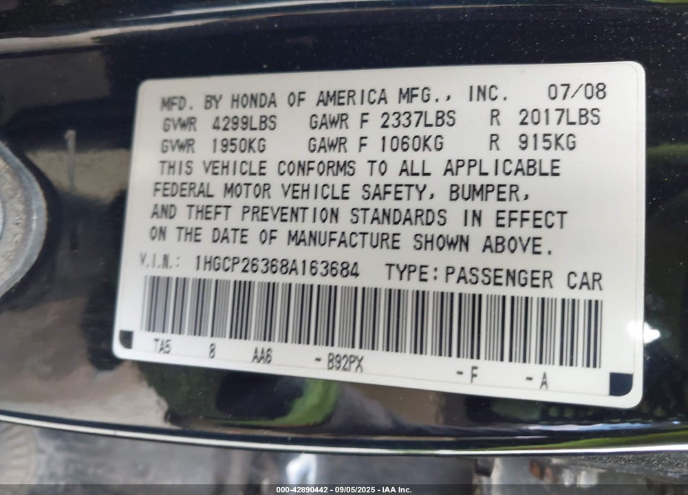 2008 HONDA ACCORD 2.4 LX VIN: 1HGCP26368A163684