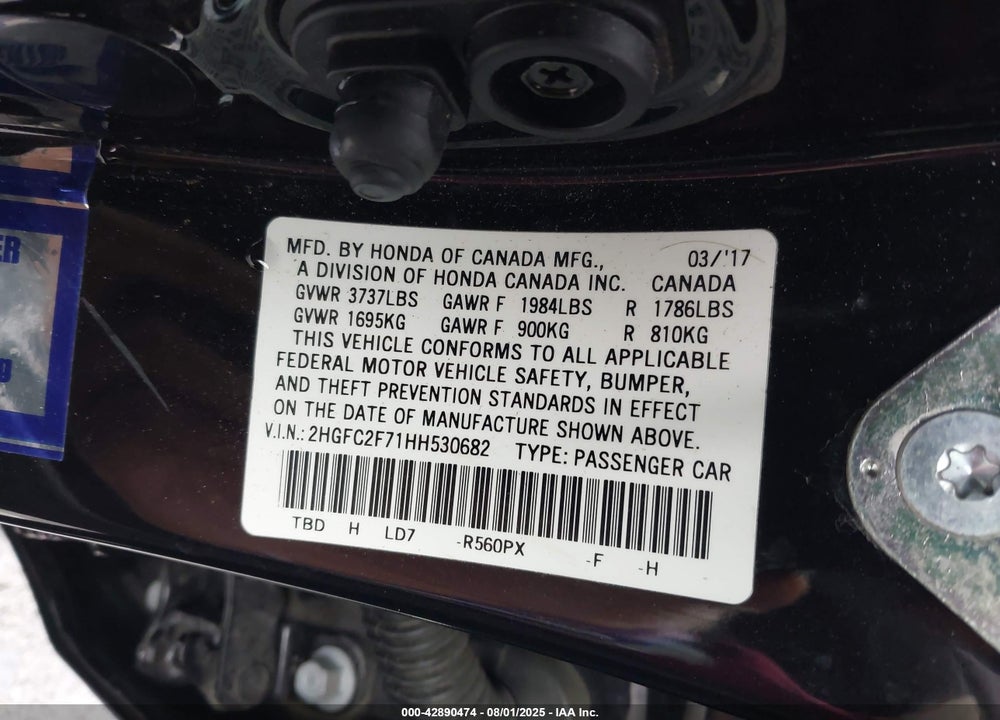 2017 HONDA CIVIC EX VIN: 2HGFC2F71HH530682