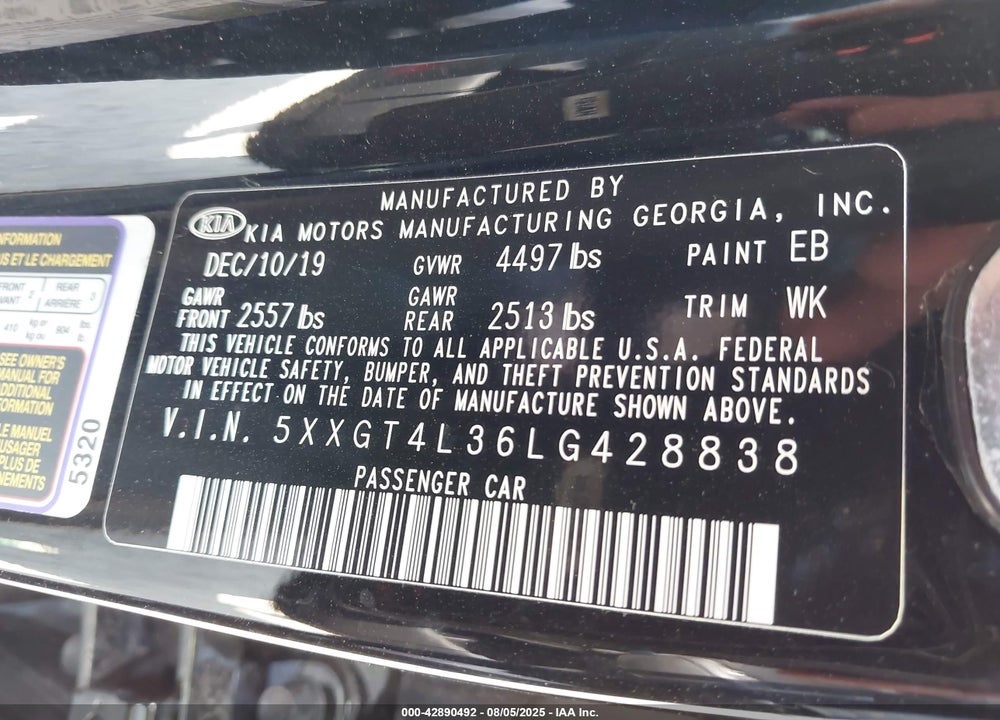 2020 KIA OPTIMA VIN: 5XXGT4L36LG428838