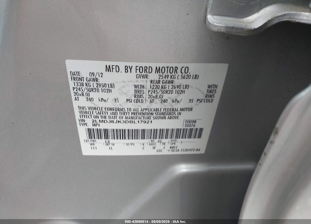 2013 LINCOLN MKX VIN: 2LMDJ8JK3DBL17921