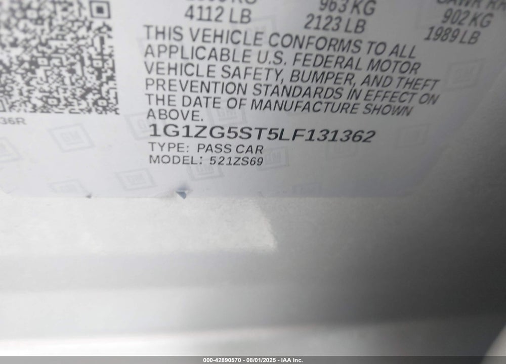 2020 CHEVROLET MALIBU VIN: 1G1ZG5ST5LF131362