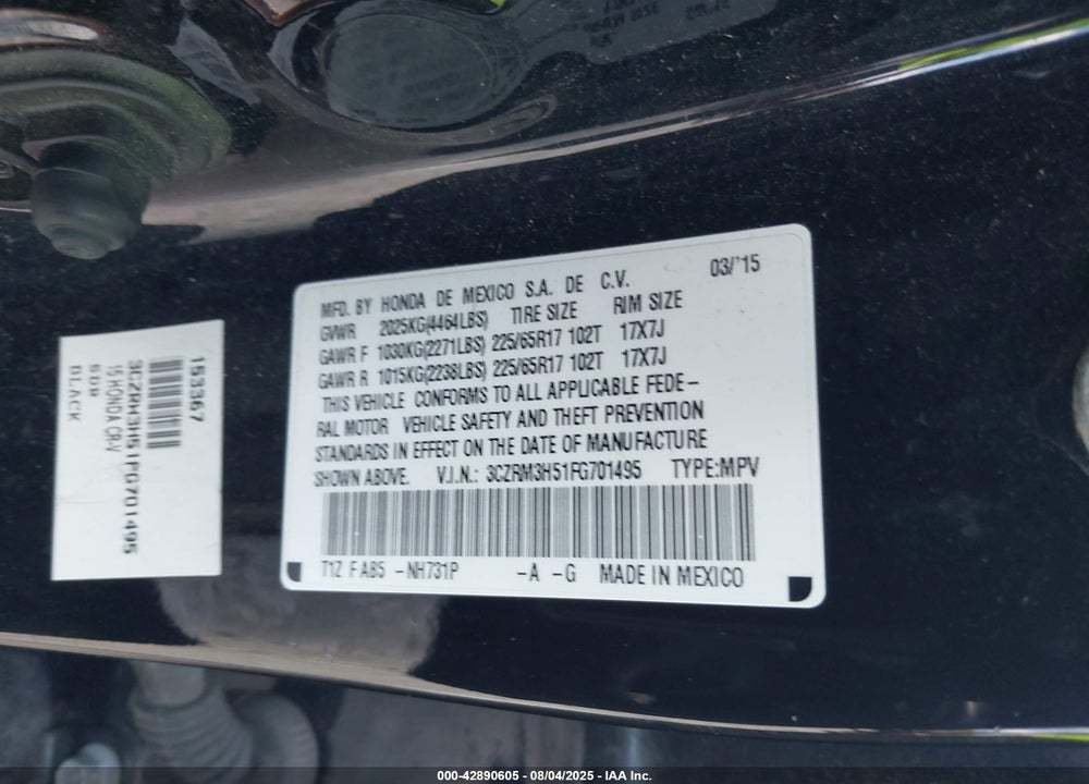 2015 HONDA CR-V EX VIN: 3CZRM3H51FG701495