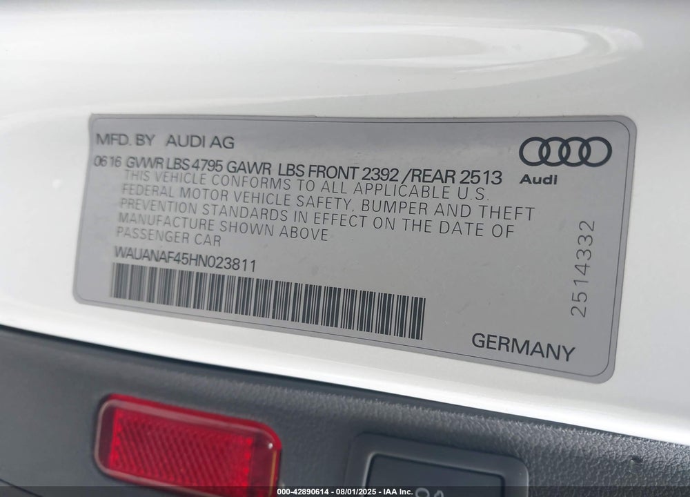 2017 AUDI A4 2.0T PREMIUM VIN: WAUANAF45HN023811