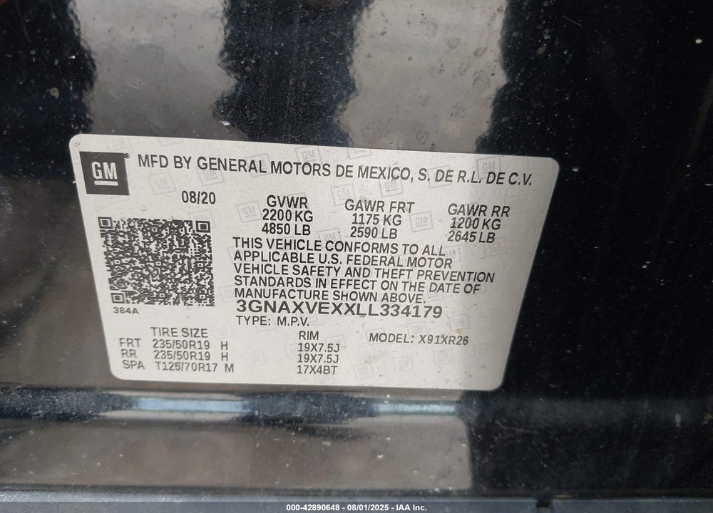 2020 CHEVROLET EQUINOX VIN: 3GNAXVEXXLL334179