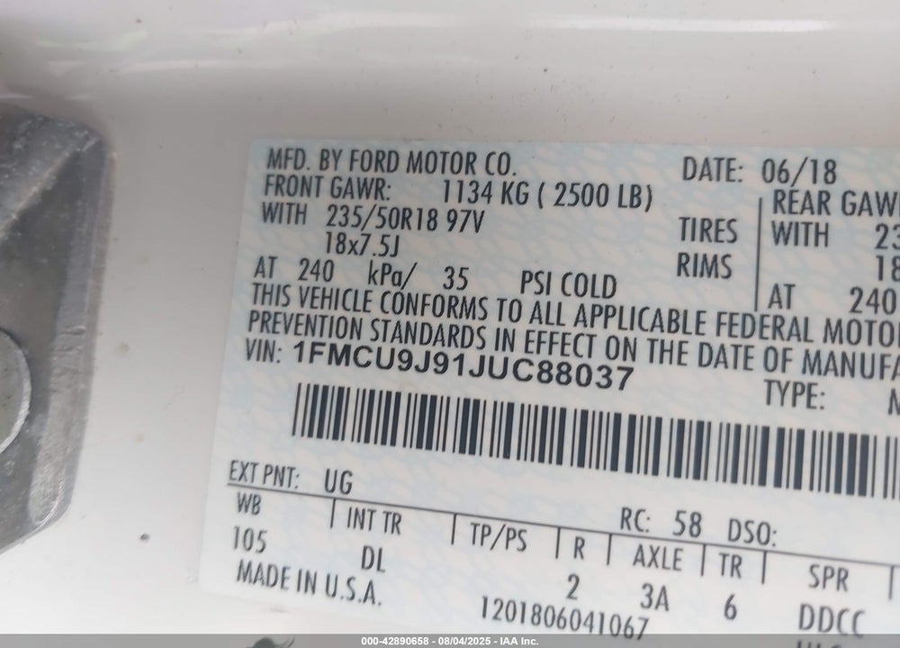 2018 FORD ESCAPE VIN: 1FMCU9J91JUC88037