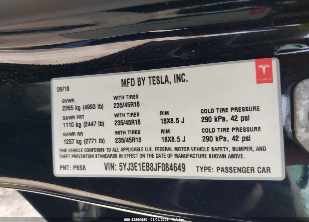 2018 TESLA MODEL 3 VIN: 5YJ3E1EB8JF084649