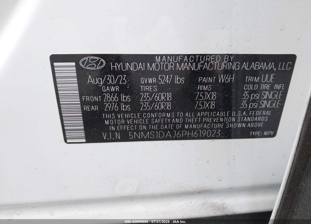 2023 HYUNDAI SANTA FE VIN: 5NMS1DAJ6PH619023