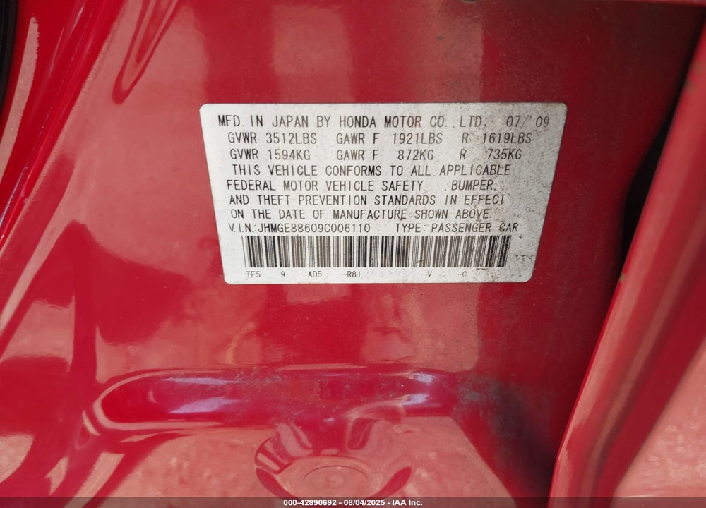 2009 HONDA FIT VIN: JHMGE88609C006110