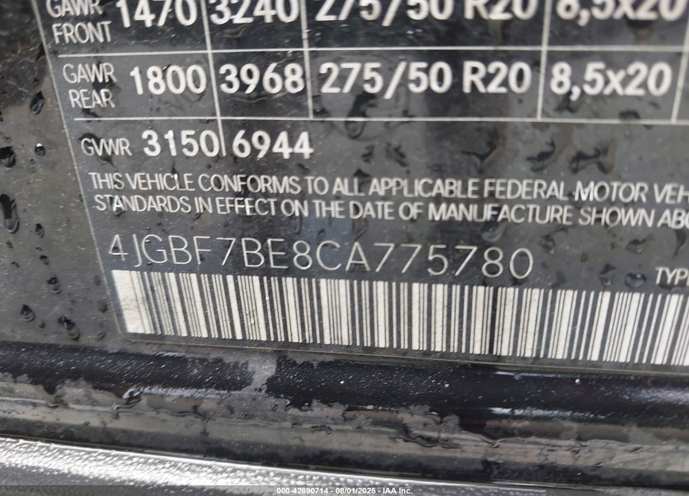 2012 MERCEDES-BENZ GL-CLASS VIN: 4JGBF7BE8CA775780