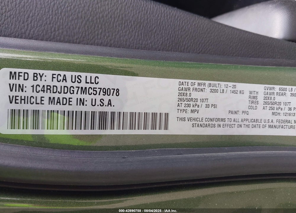 2021 DODGE DURANGO VIN: 1C4RDJDG7MC579078