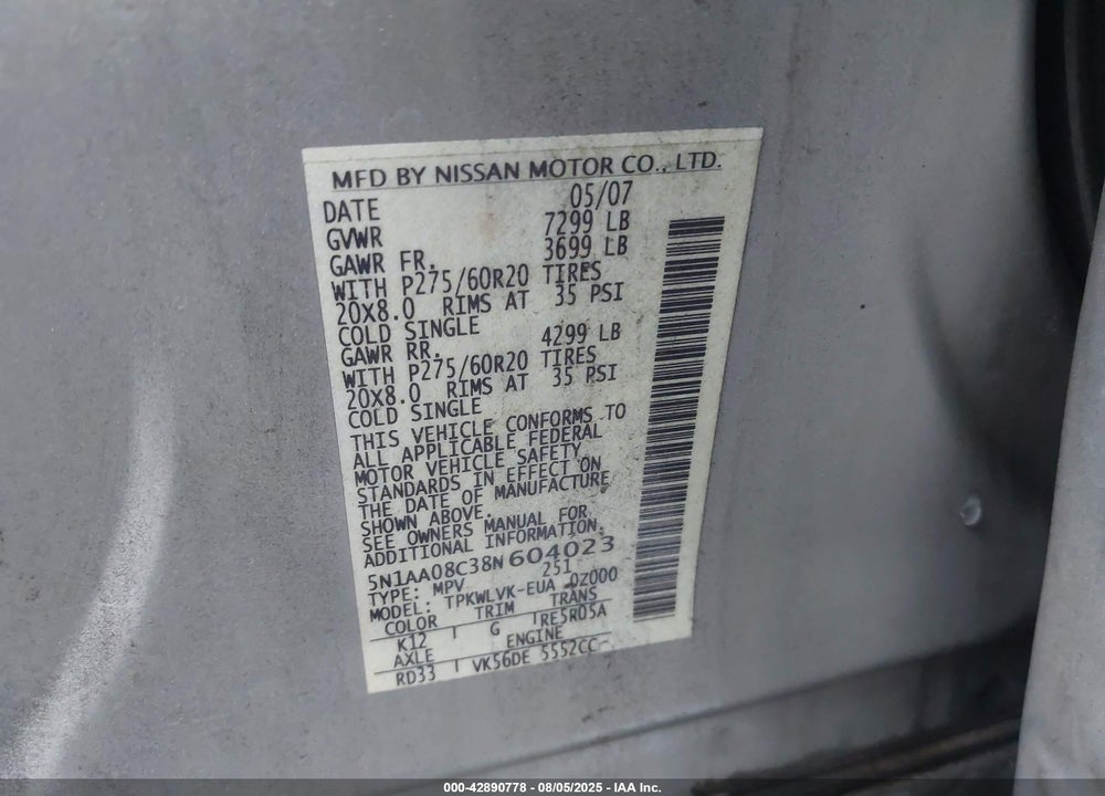 2008 NISSAN ARMADA LE VIN: 5N1AA08C38N604023