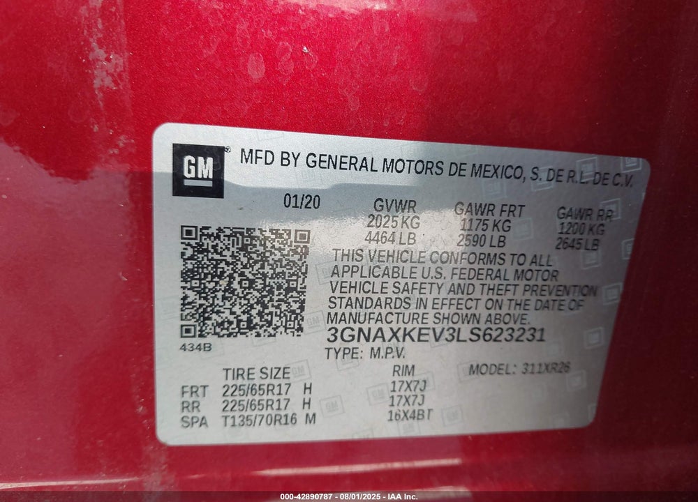 2020 CHEVROLET EQUINOX VIN: 3GNAXKEV3LS623231