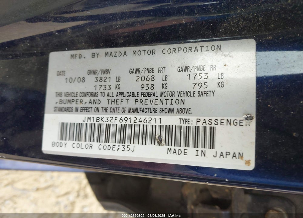 2009 MAZDA 3 VIN: JM1BK32F691246211