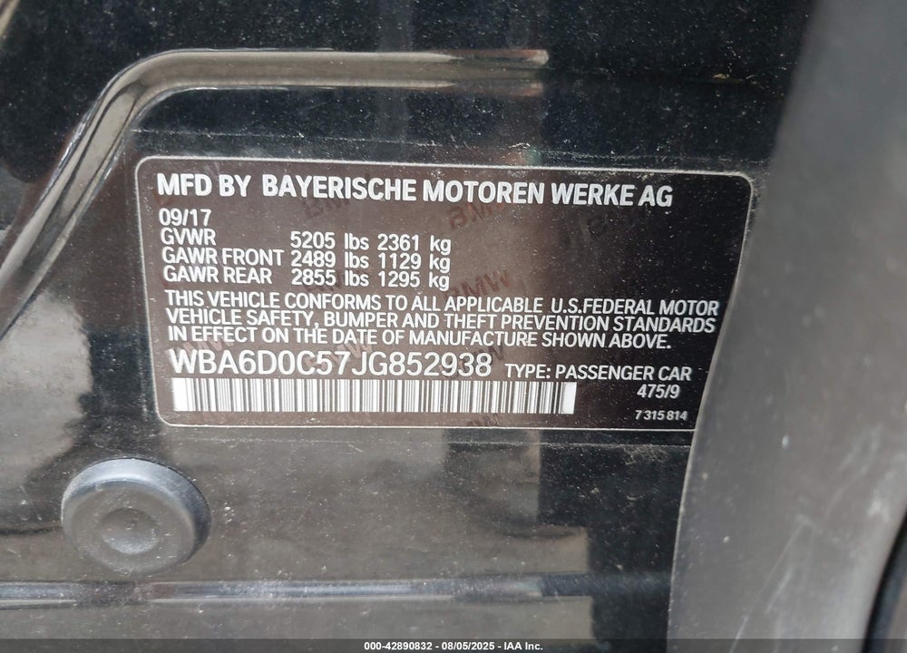 2018 BMW 640I GRAN COUPE VIN: WBA6D0C57JG852938