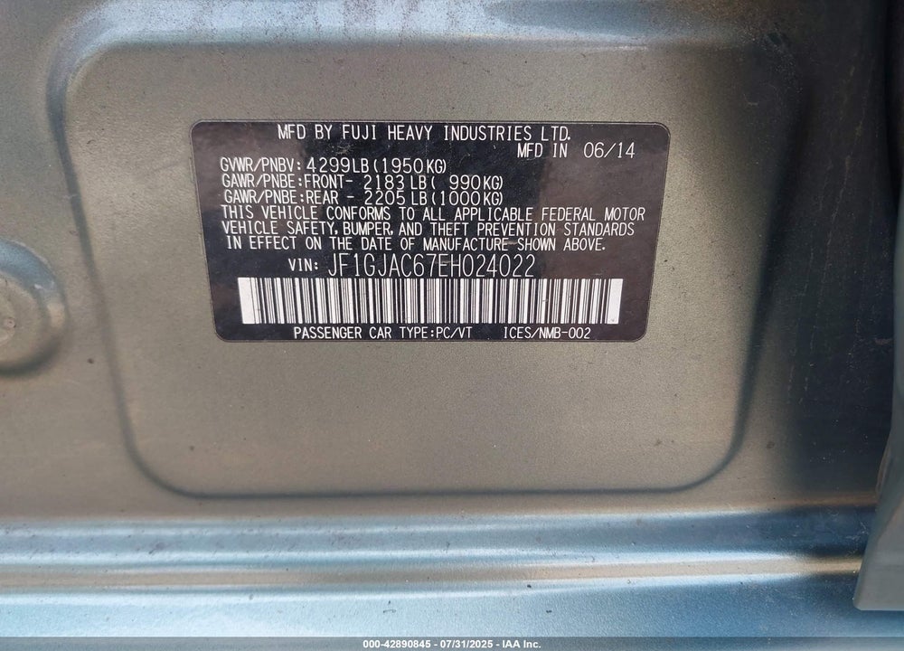 2014 SUBARU IMPREZA 2.0I PREMIUM VIN: JF1GJAC67EH024022