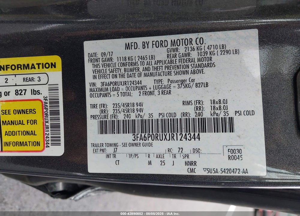 2018 FORD FUSION VIN: 3FA6P0RUXJR124344