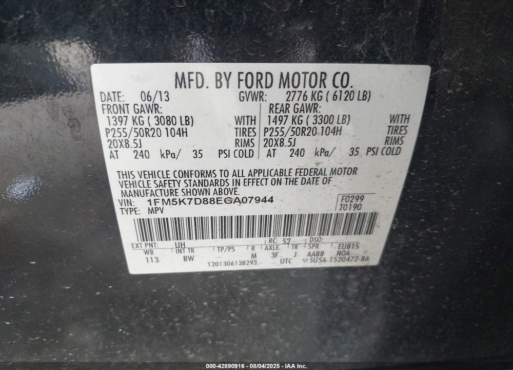 2014 FORD EXPLORER XLT VIN: 1FM5K7D88EGA07944