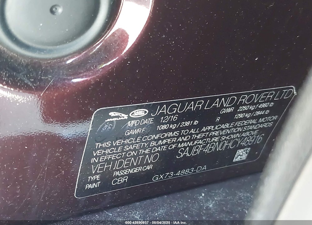 2017 JAGUAR XF VIN: SAJBF4BN0HCY48916
