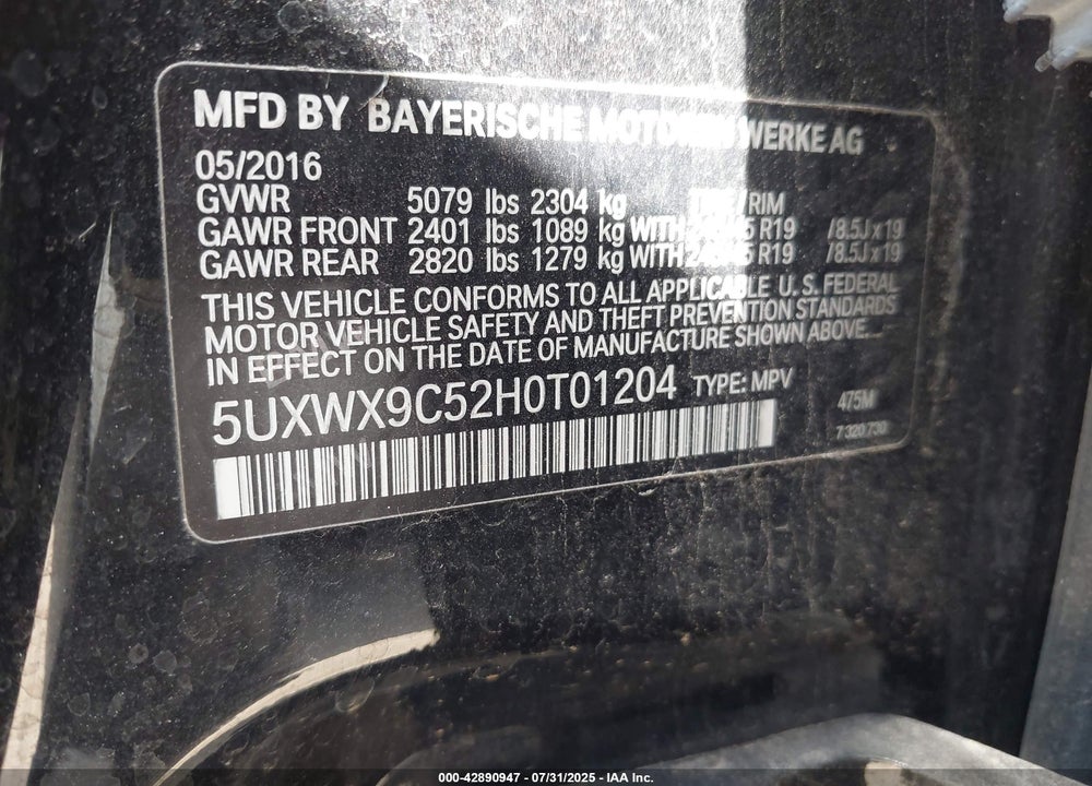 2017 BMW X3 VIN: 5UXWX9C52H0T01204