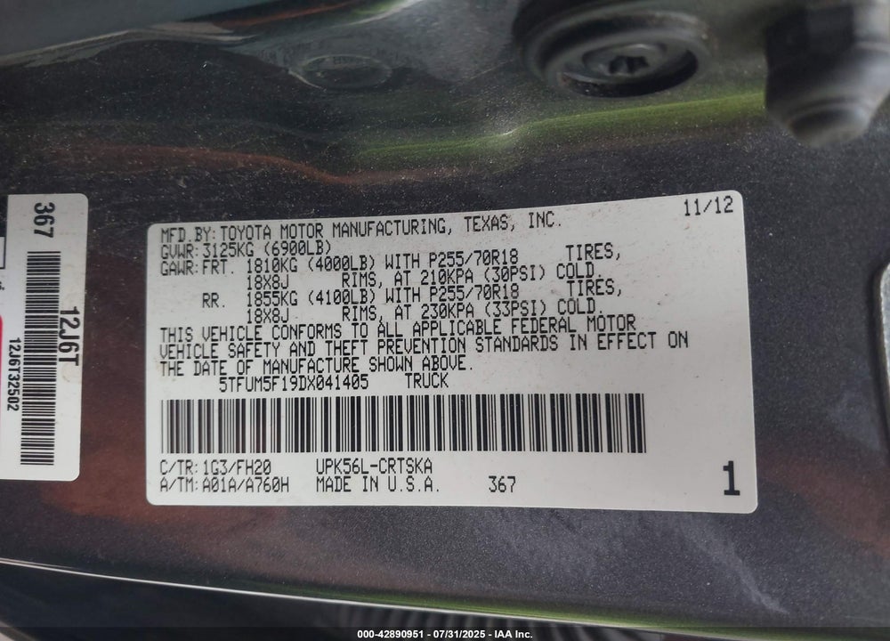 2013 TOYOTA TUNDRA VIN: 5TFUM5F19DX041405