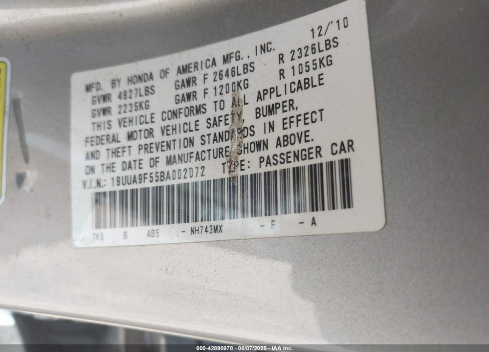 2011 ACURA TL VIN: 19UUA9F55BA002072
