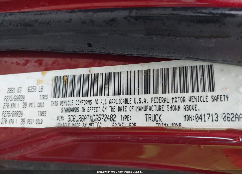 2013 RAM 1500 VIN: 3C6JR6ATXDG572482